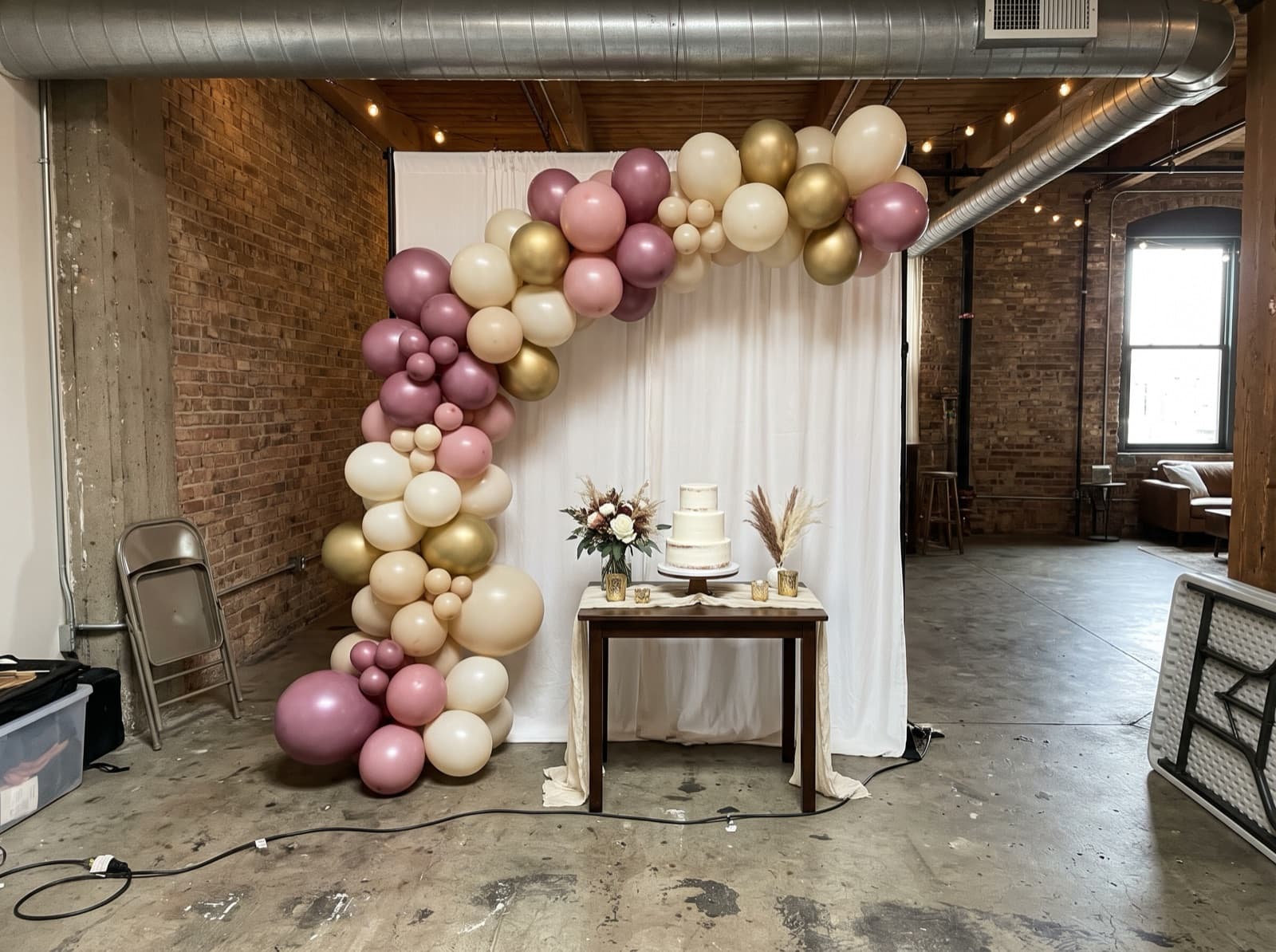 Half balloon arch in mauve, cream and gold over a cake table