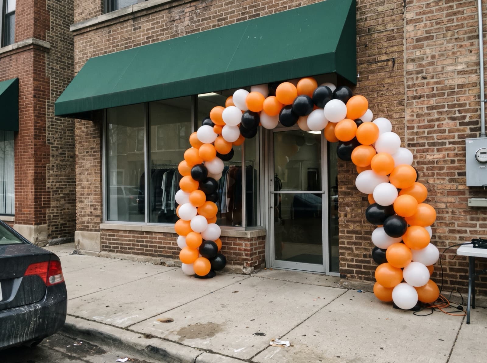 Large orange, white and black balloon arch over a boutique entrance