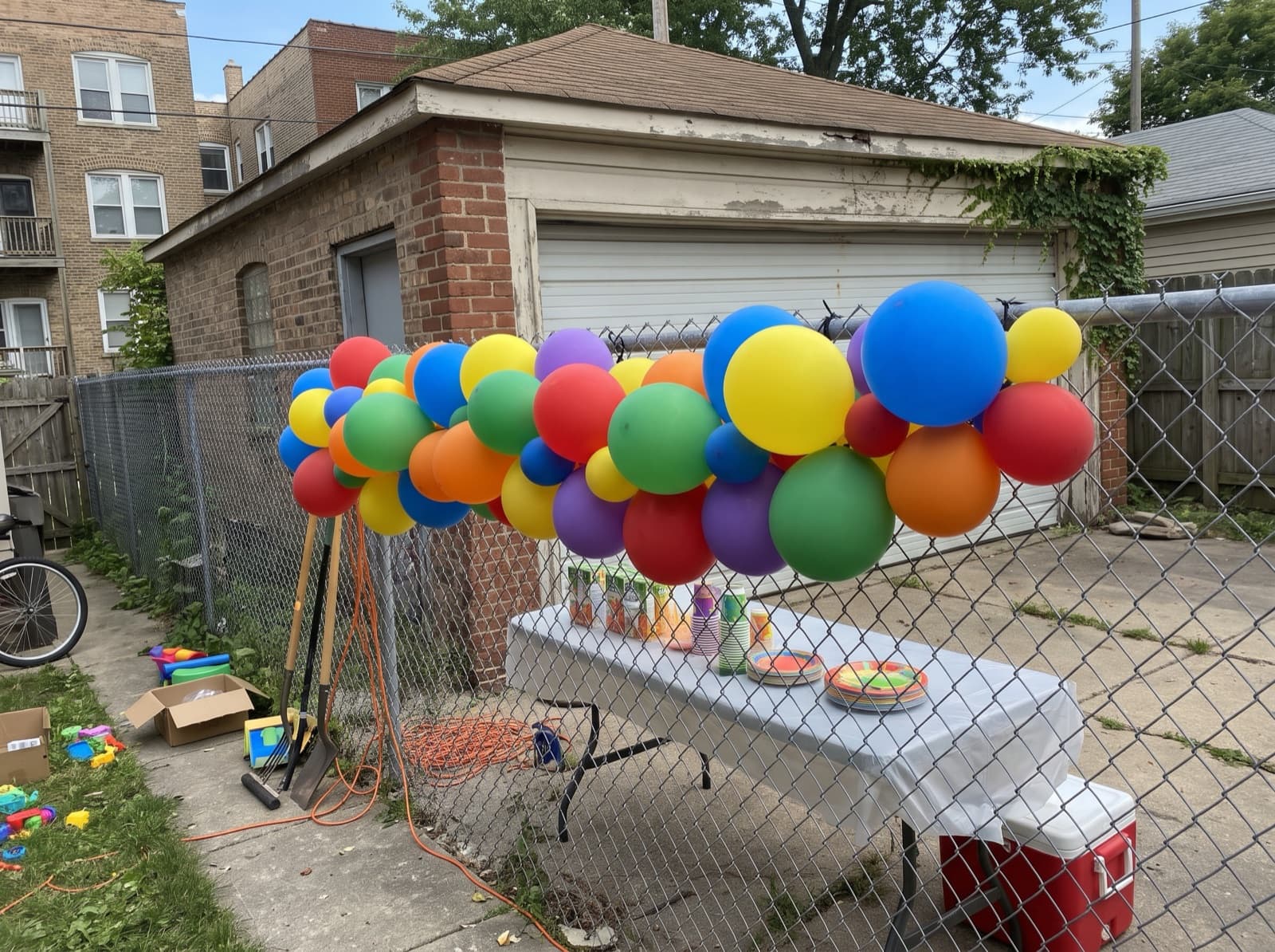 Grab-and-go balloon garland on a backyard chain-link fence