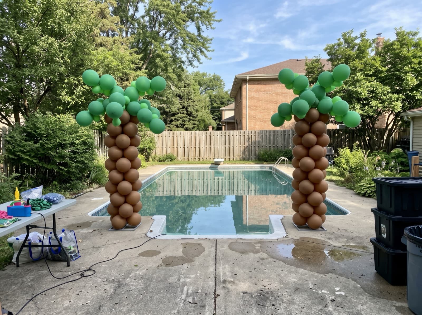 Balloon palm trees beside a backyard pool