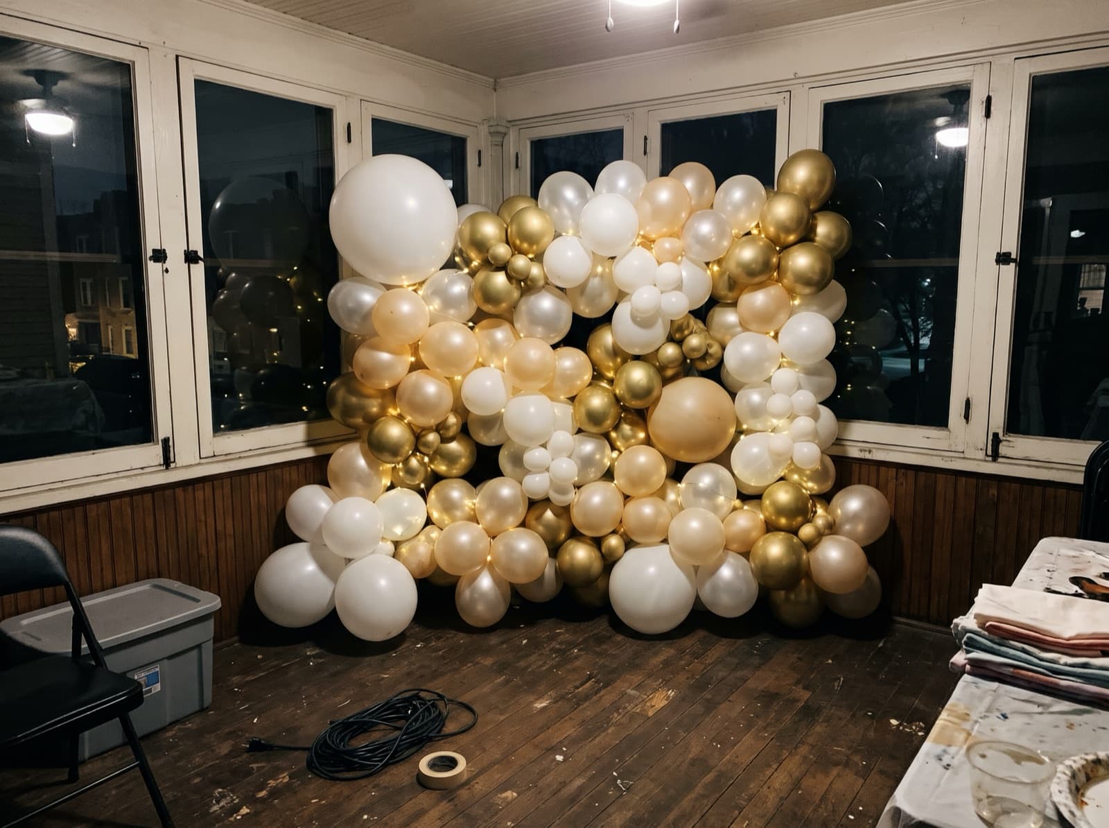 White and champagne balloon wall with string lights on an enclosed porch